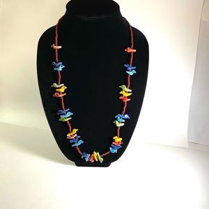 Vintage ceramic bird necklace red, orange, light blue, dark blue and green birds
